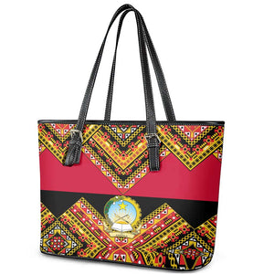 Angola Independence Day Leather Tote Bag with Coat of Arms and Samakaka Pattern