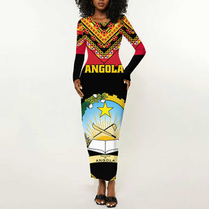 Angola Independence Day Long Sleeve Bodycon Dress with Coat of Arms and Samakaka Pattern