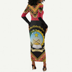 Angola Independence Day Long Sleeve Bodycon Dress with Coat of Arms and Samakaka Pattern