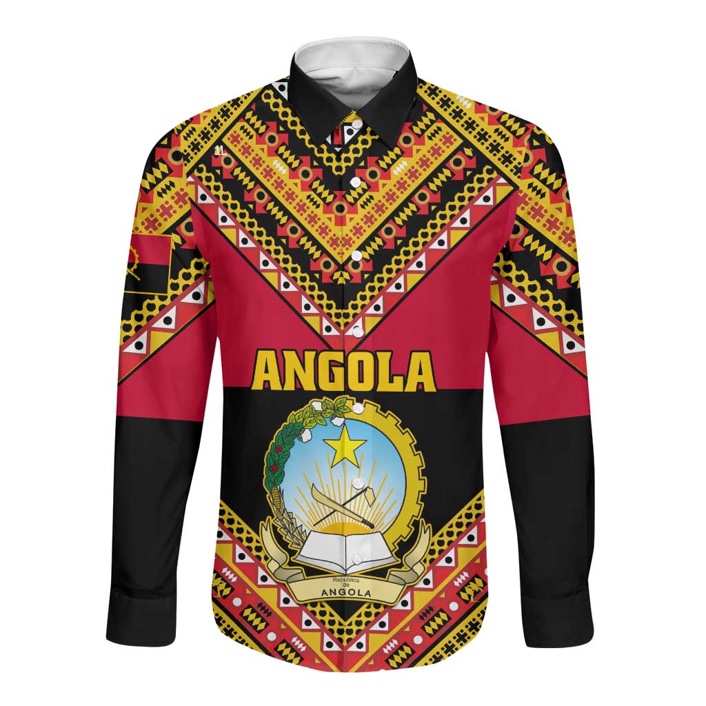 Angola Independence Day Long Sleeve Button Shirt with Coat of Arms and Samakaka Pattern