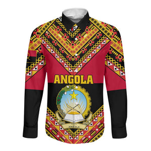 Angola Independence Day Long Sleeve Button Shirt with Coat of Arms and Samakaka Pattern