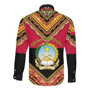 Angola Independence Day Long Sleeve Button Shirt with Coat of Arms and Samakaka Pattern