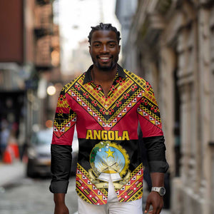 Angola Independence Day Long Sleeve Button Shirt with Coat of Arms and Samakaka Pattern