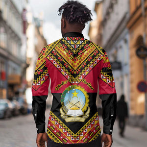 Angola Independence Day Long Sleeve Button Shirt with Coat of Arms and Samakaka Pattern