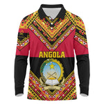 Angola Independence Day Long Sleeve Polo Shirt with Coat of Arms and Samakaka Pattern