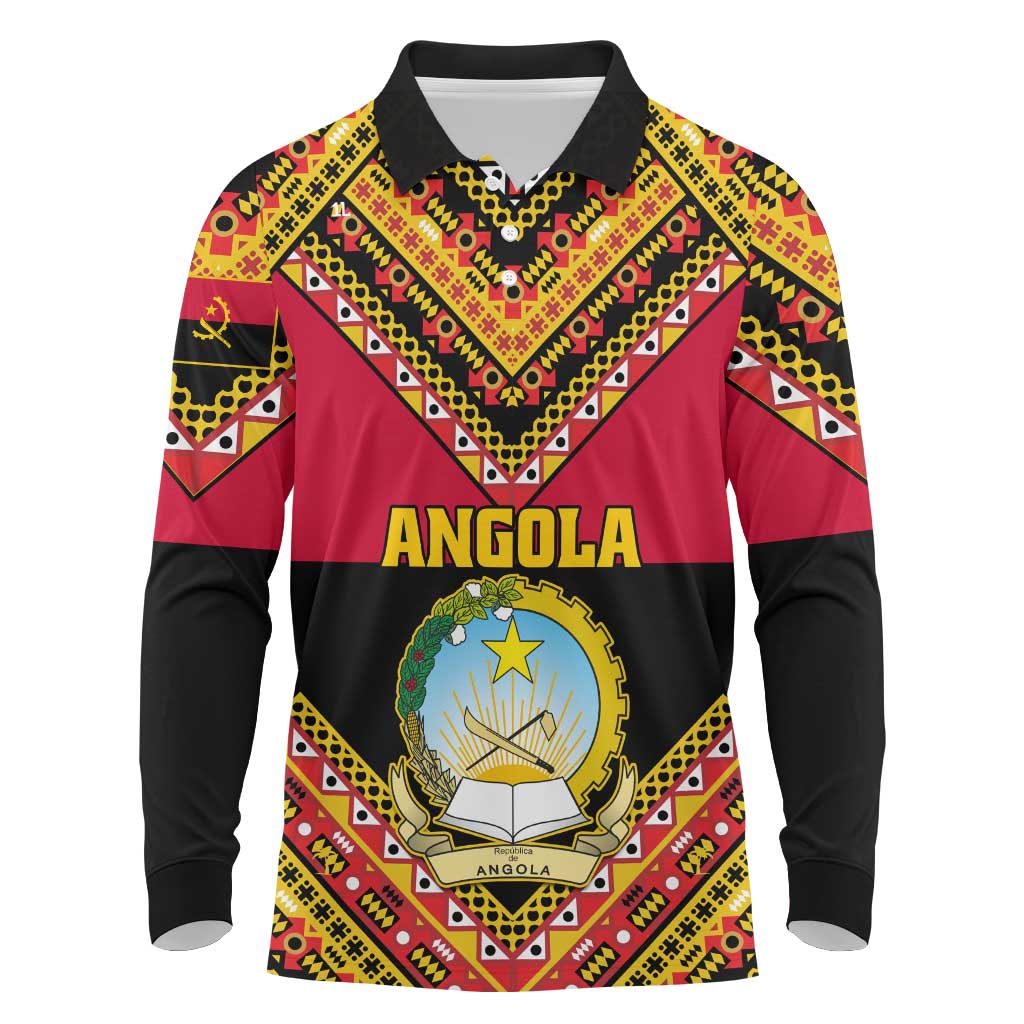 Angola Independence Day Long Sleeve Polo Shirt with Coat of Arms and Samakaka Pattern