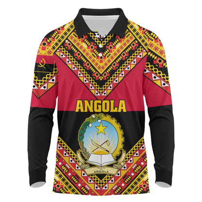 Angola Independence Day Long Sleeve Polo Shirt with Coat of Arms and Samakaka Pattern