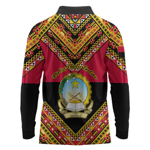 Angola Independence Day Long Sleeve Polo Shirt with Coat of Arms and Samakaka Pattern