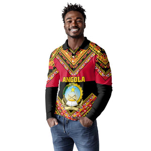 Angola Independence Day Long Sleeve Polo Shirt with Coat of Arms and Samakaka Pattern