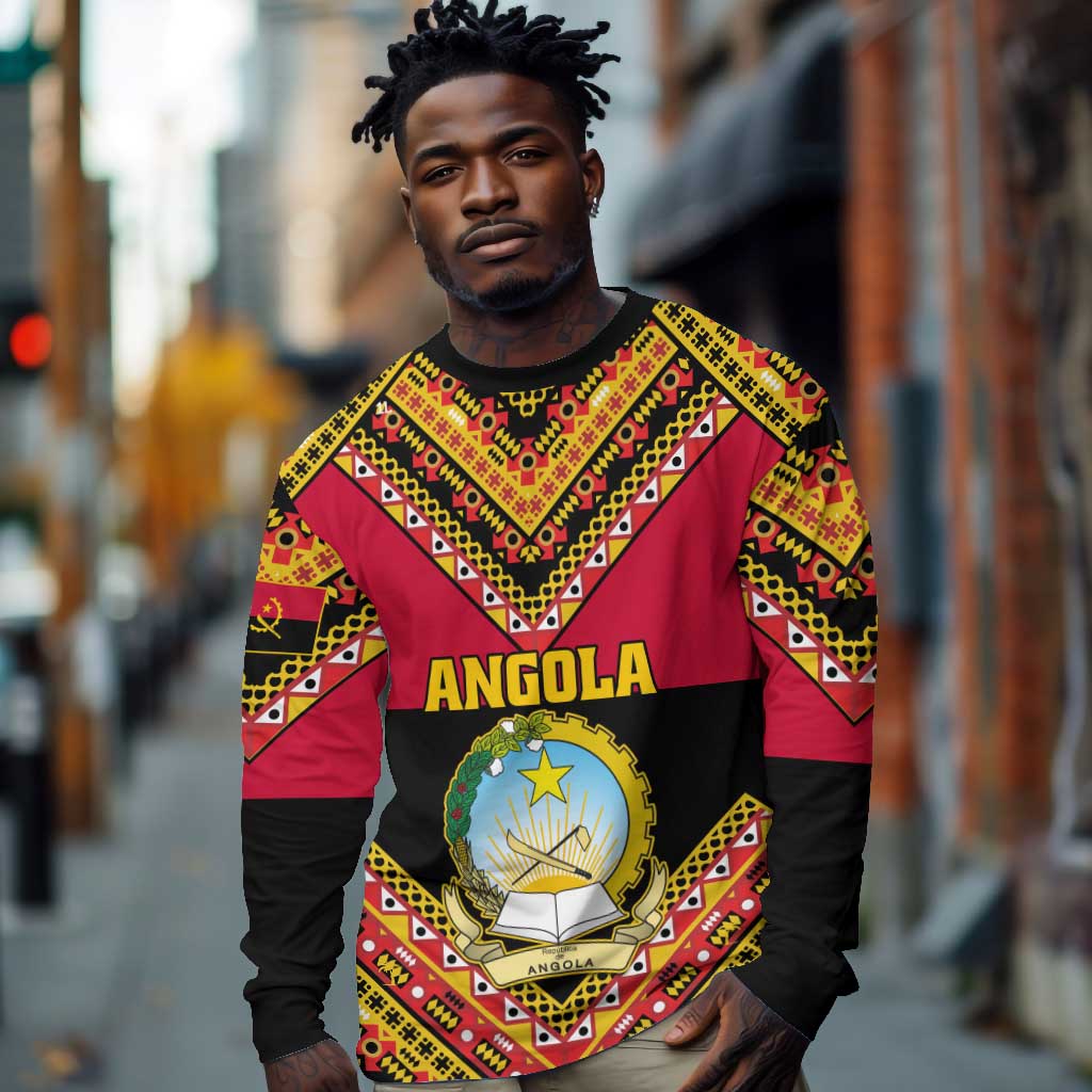 Angola Independence Day Long Sleeve Shirt with Coat of Arms and Samakaka Pattern LT01