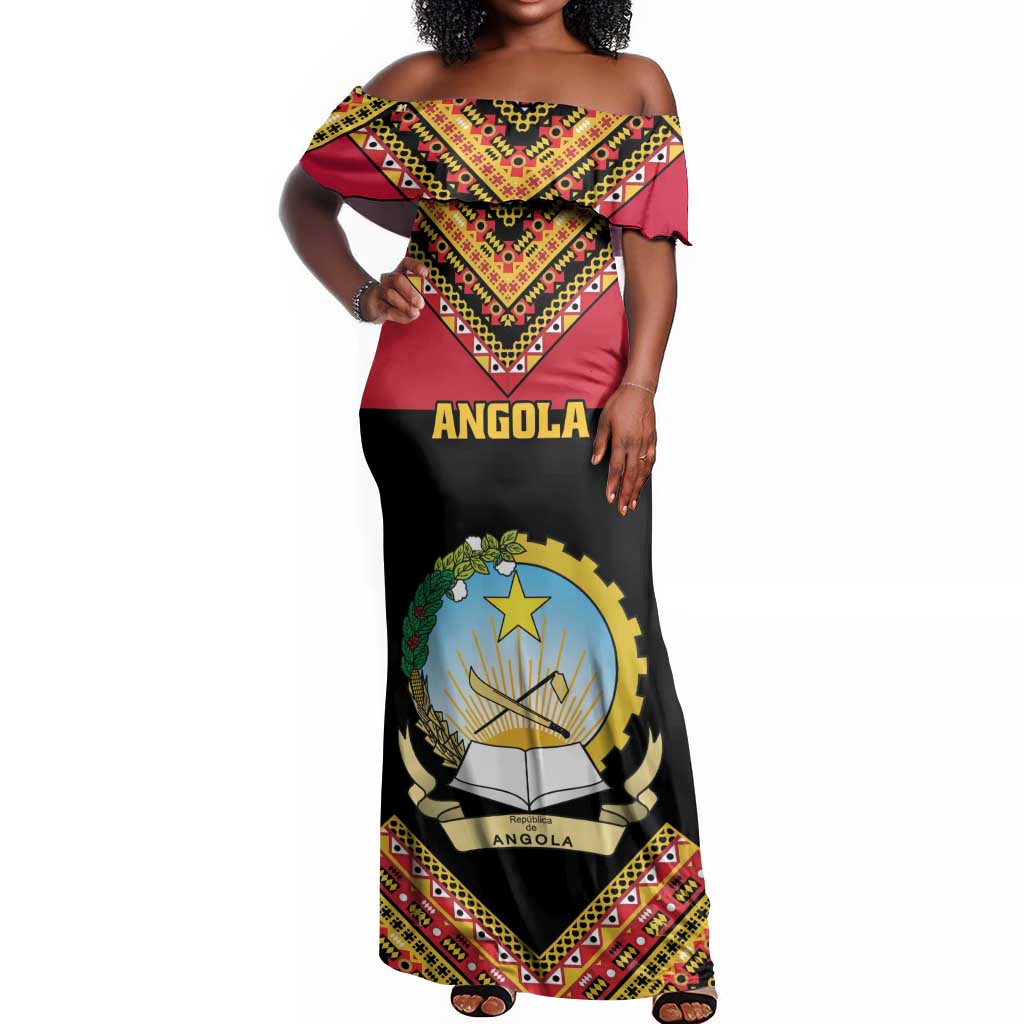 Angola Independence Day Off Shoulder Maxi Dress with Coat of Arms and Samakaka Pattern