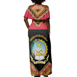 Angola Independence Day Off Shoulder Maxi Dress with Coat of Arms and Samakaka Pattern