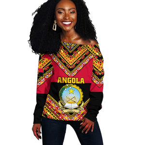 Angola Independence Day Off Shoulder Sweater with Coat of Arms and Samakaka Pattern