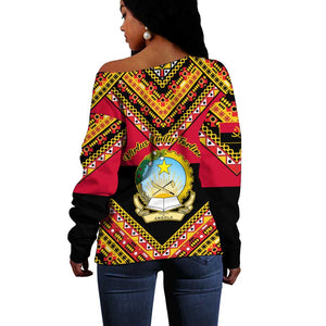 Angola Independence Day Off Shoulder Sweater with Coat of Arms and Samakaka Pattern