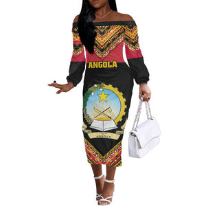 Angola Independence Day Off The Shoulder Long Sleeve Dress with Coat of Arms and Samakaka Pattern