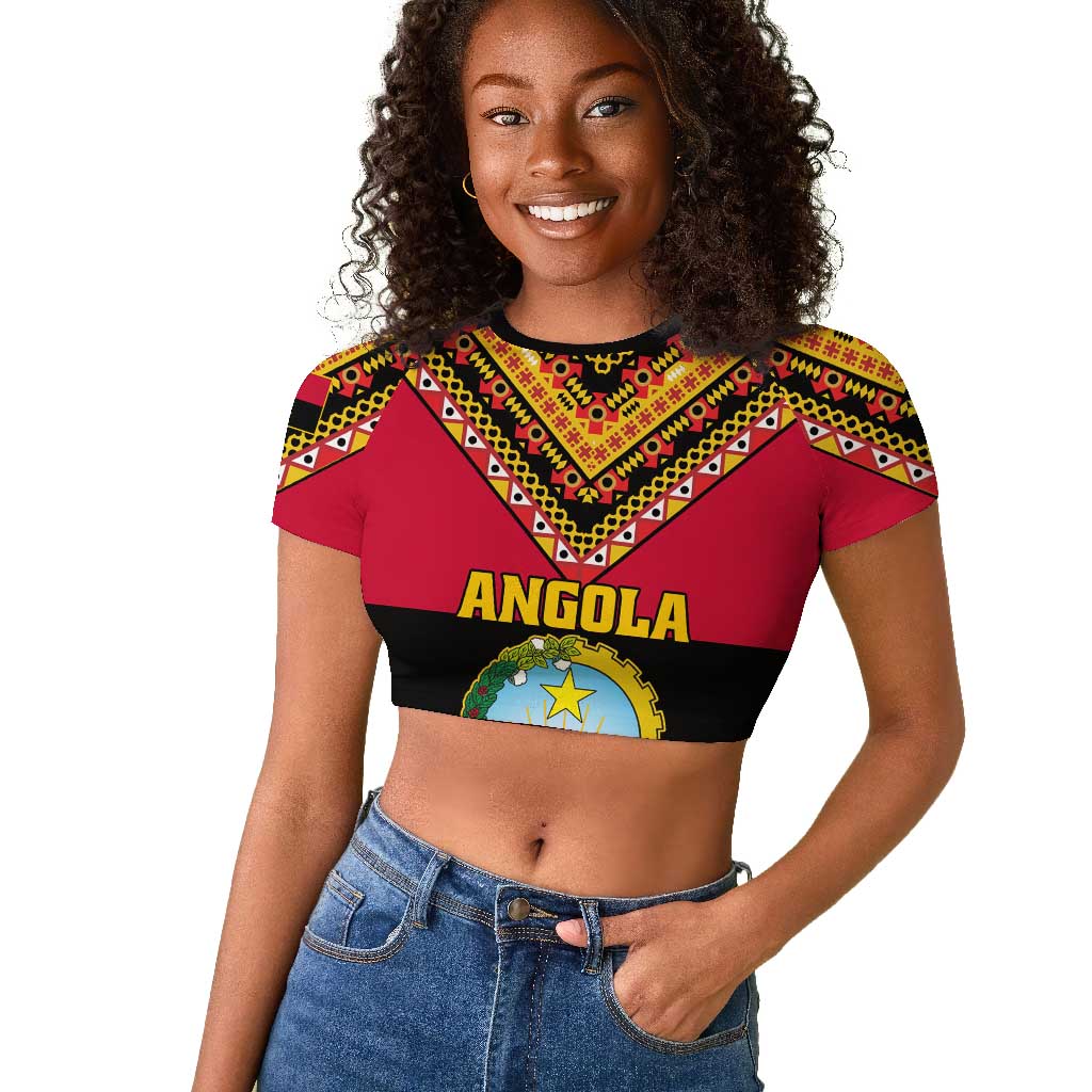 Angola Independence Day Raglan Cropped T shirt with Coat of Arms and Samakaka Pattern