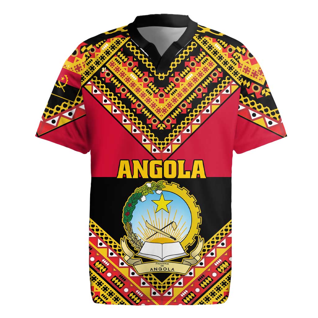 Angola Independence Day Rugby Jersey with Coat of Arms and Samakaka Pattern