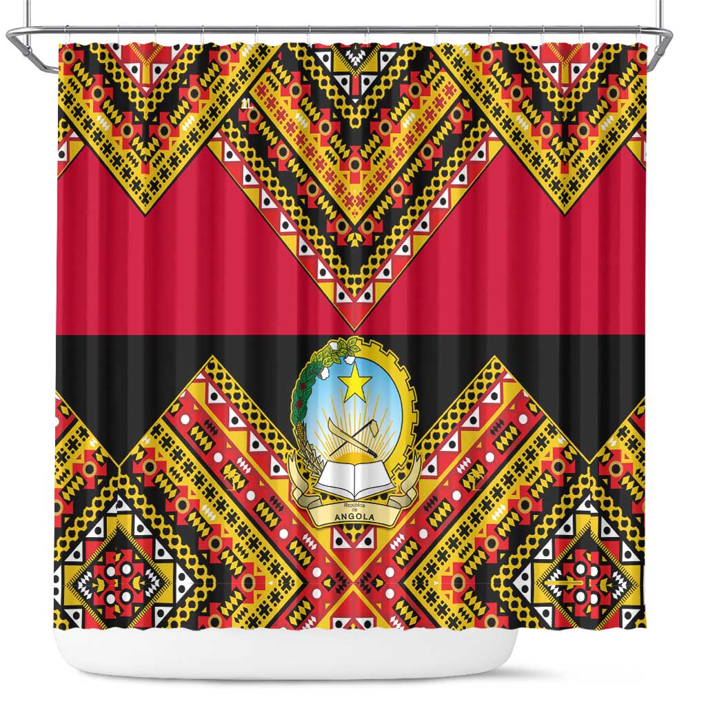 Angola Independence Day Shower Curtain with Coat of Arms and Samakaka Pattern