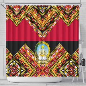 Angola Independence Day Shower Curtain with Coat of Arms and Samakaka Pattern