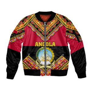 Angola Independence Day Sleeve Zip Bomber Jacket with Coat of Arms and Samakaka Pattern