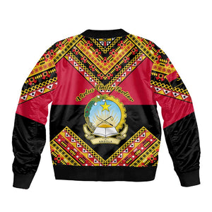 Angola Independence Day Sleeve Zip Bomber Jacket with Coat of Arms and Samakaka Pattern