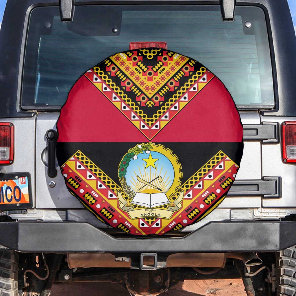 Angola Independence Day Spare Tire Cover with Coat of Arms and Samakaka Pattern