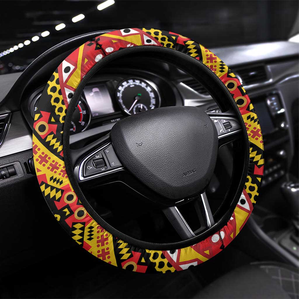 Angola Independence Day Steering Wheel Cover with Coat of Arms and Samakaka Pattern