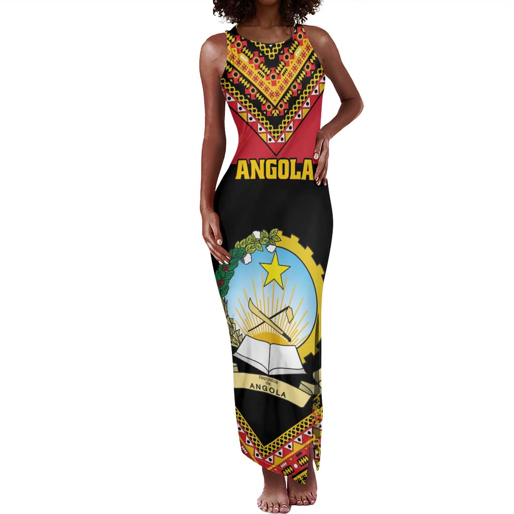 Angola Independence Day Tank Maxi Dress with Coat of Arms and Samakaka Pattern