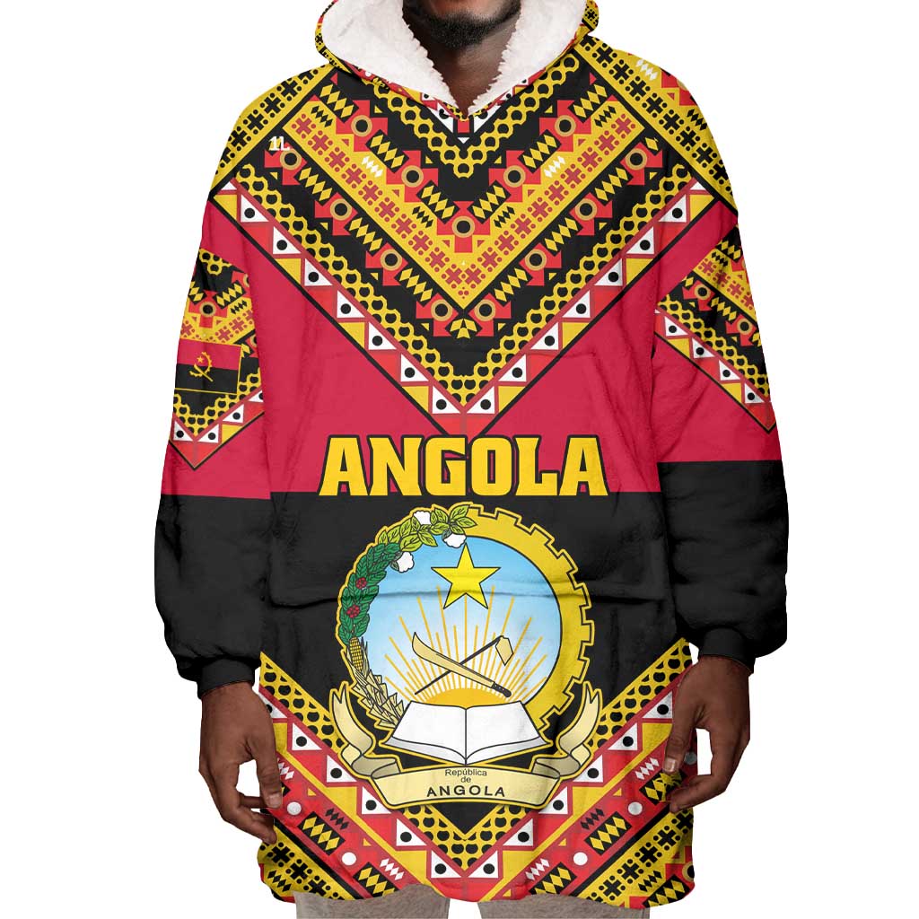 Angola Independence Day Wearable Blanket Hoodie with Coat of Arms and Samakaka Pattern