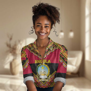 Angola Independence Day Women Casual Shirt with Coat of Arms and Samakaka Pattern