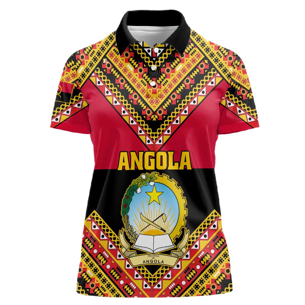 Angola Independence Day Women Polo Shirt with Coat of Arms and Samakaka Pattern