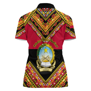 Angola Independence Day Women Polo Shirt with Coat of Arms and Samakaka Pattern