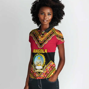 Angola Independence Day Women Polo Shirt with Coat of Arms and Samakaka Pattern