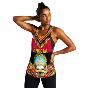 Angola Independence Day Women Racerback Tank with Coat of Arms and Samakaka Pattern