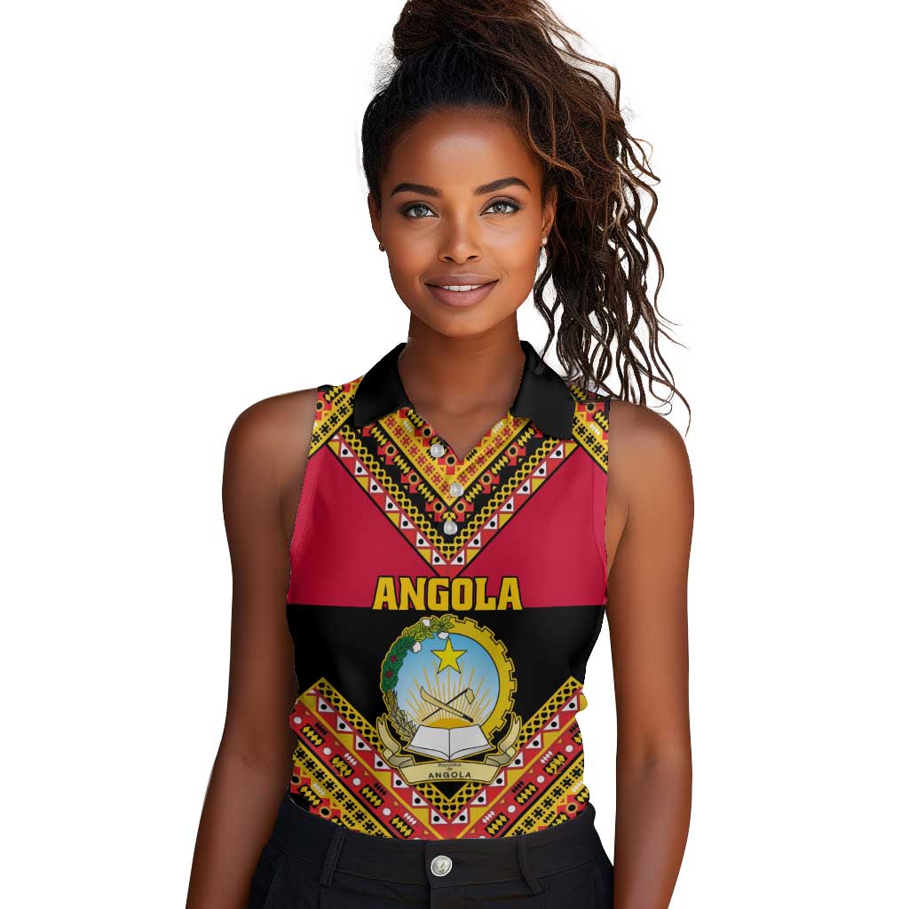 Angola Independence Day Women Sleeveless Polo Shirt with Coat of Arms and Samakaka Pattern