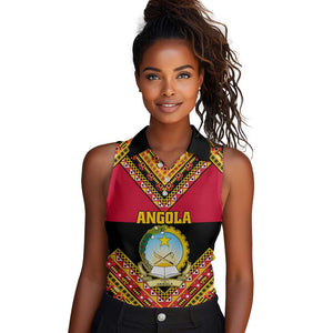 Angola Independence Day Women Sleeveless Polo Shirt with Coat of Arms and Samakaka Pattern