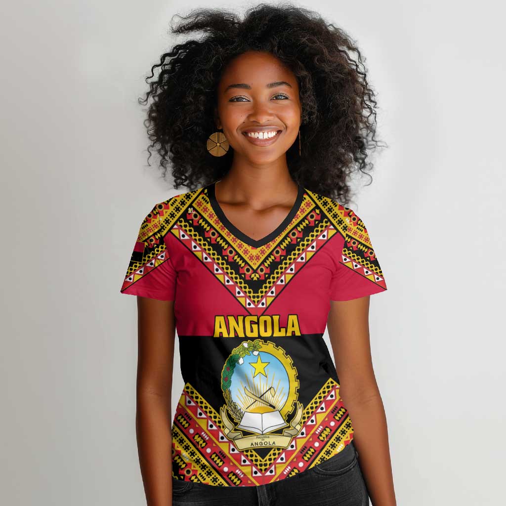 Angola Independence Day Women V-Neck T-Shirt with Coat of Arms and Samakaka Pattern