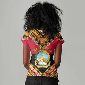 Angola Independence Day Women V-Neck T-Shirt with Coat of Arms and Samakaka Pattern