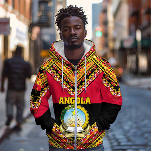 Angola Independence Day Zip Hoodie with Coat of Arms and Samakaka Pattern