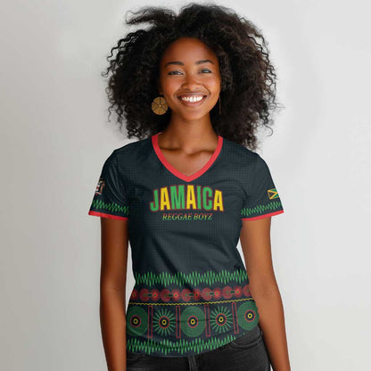 Custom Soccer 2026 Jamaica Women V-Neck T-Shirt Reggae Music Spirit