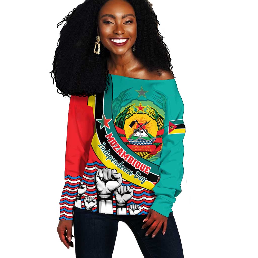 Personalized Mozambique Independence Day Off Shoulder Sweater - June 25, Mozambiki Emblem