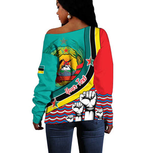 Personalized Mozambique Independence Day Off Shoulder Sweater - June 25, Mozambiki Emblem