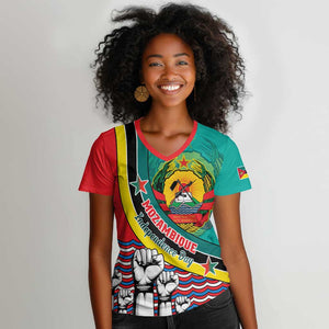 Personalized Mozambique Independence Day Women V-Neck T-Shirt - June 25, Mozambiki Emblem