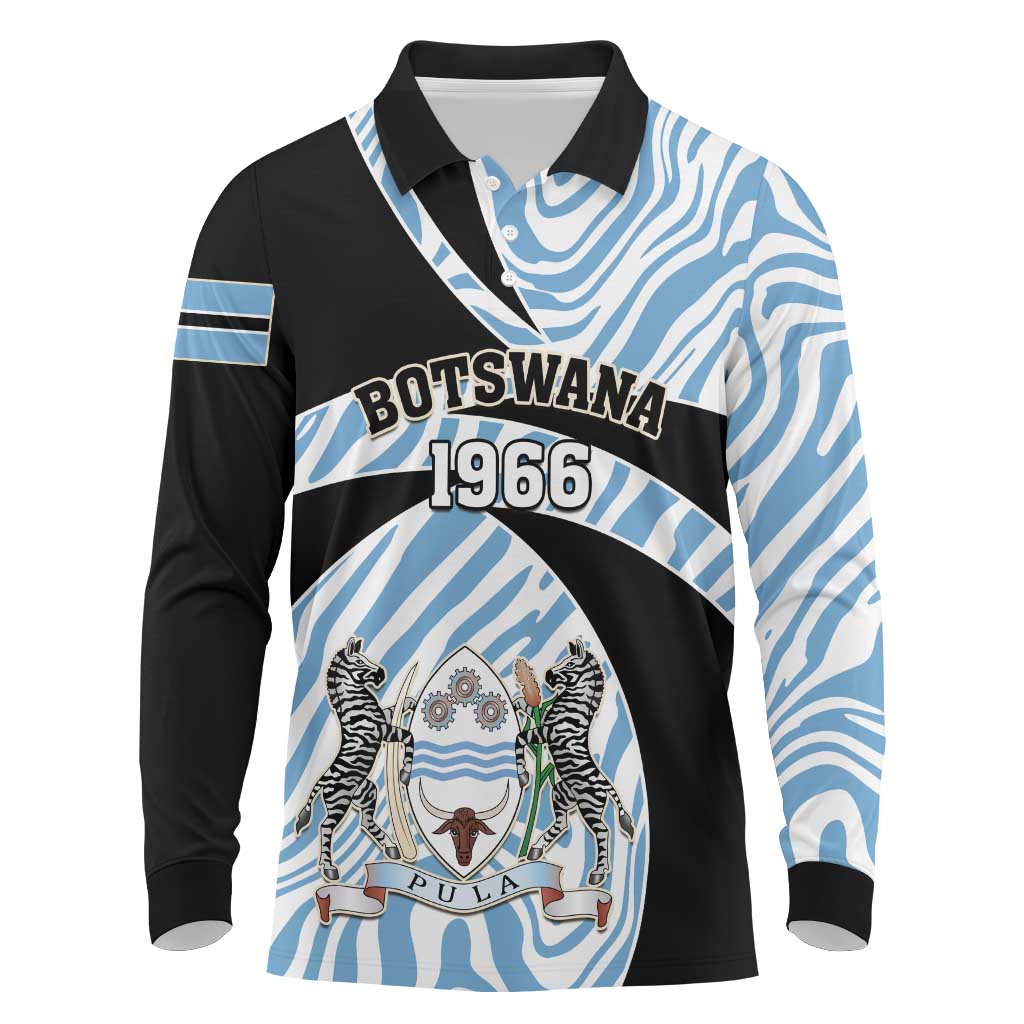 Personalized Botswana Independence Day Long Sleeve Polo Shirt - Lefatshe la Botswana with Zebra Pattern