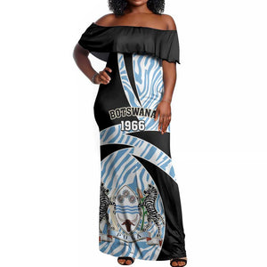 Personalized Botswana Independence Day Off Shoulder Maxi Dress - Lefatshe la Botswana with Zebra Pattern