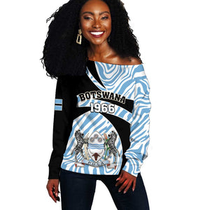 Personalized Botswana Independence Day Off Shoulder Sweater - Lefatshe la Botswana with Zebra Pattern