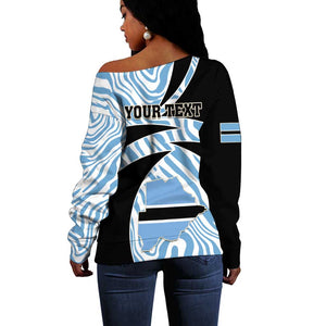 Personalized Botswana Independence Day Off Shoulder Sweater - Lefatshe la Botswana with Zebra Pattern