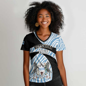 Personalized Botswana Independence Day Women V-Neck T-Shirt - Lefatshe la Botswana with Zebra Pattern