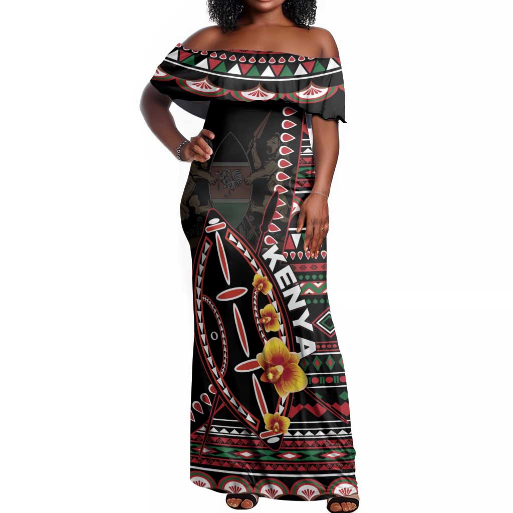 Personalized Kenya Off Shoulder Maxi Dress Jamhuri Day, Kenya Shield