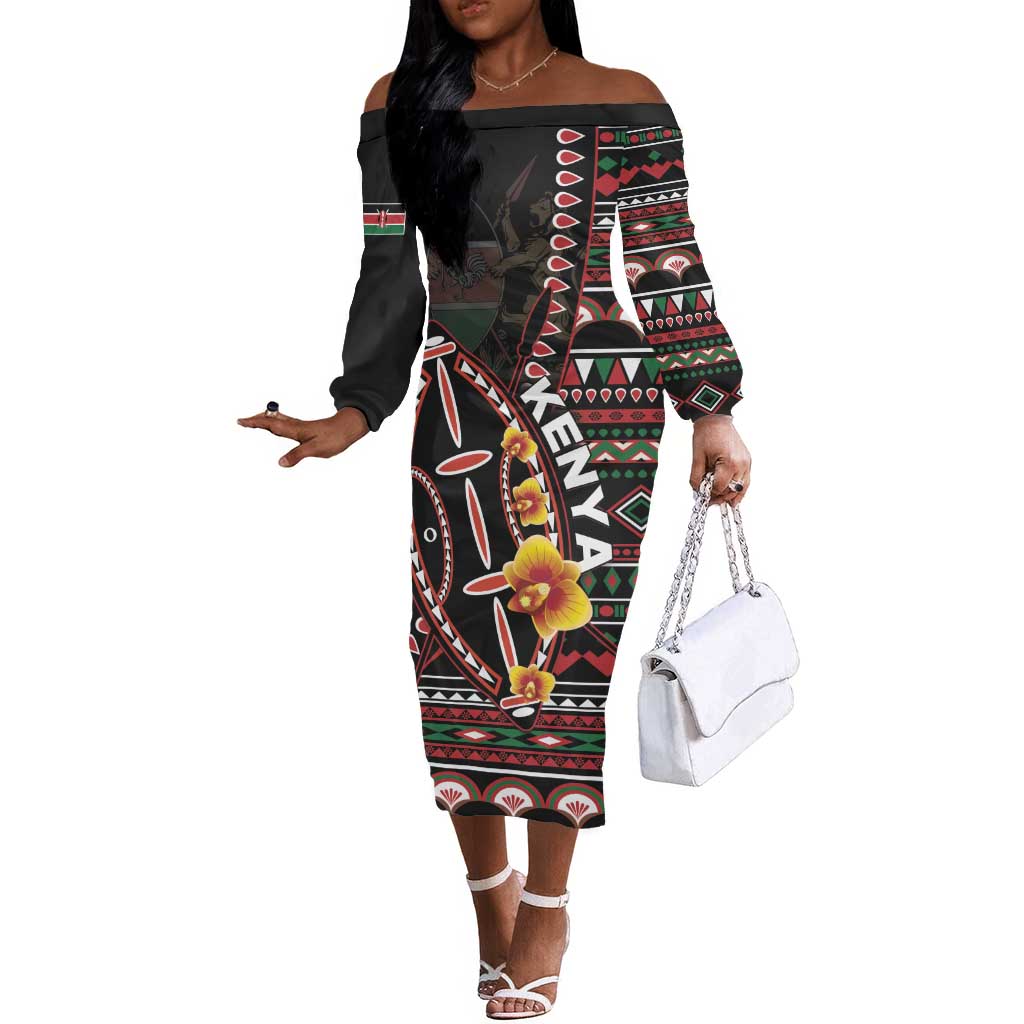 Personalized Kenya Off The Shoulder Long Sleeve Dress Jamhuri Day, Kenya Shield